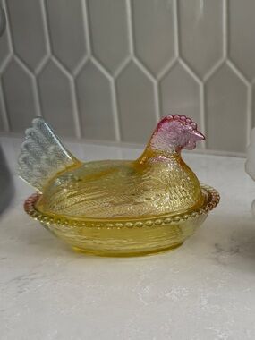 Vintage Glass Hen on Nest Candy Dish - Yellow, Pink and Blue